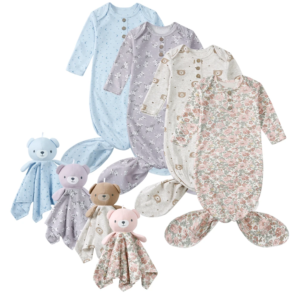 0-6M Baby Boys Girls Sleepsacks＋Bear Doll Soothing Towel Newborn Cartoon Print Sleep Sack Infant Warm Soft Cute Sleeping Bag