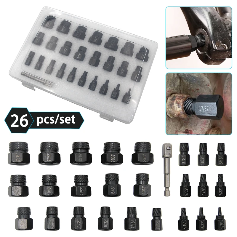 

26Pcs Damaged Screw Extractor Set Drill Stripped Screw Extractor Remover Set single head Broken Screw Bolt Demolition Tools
