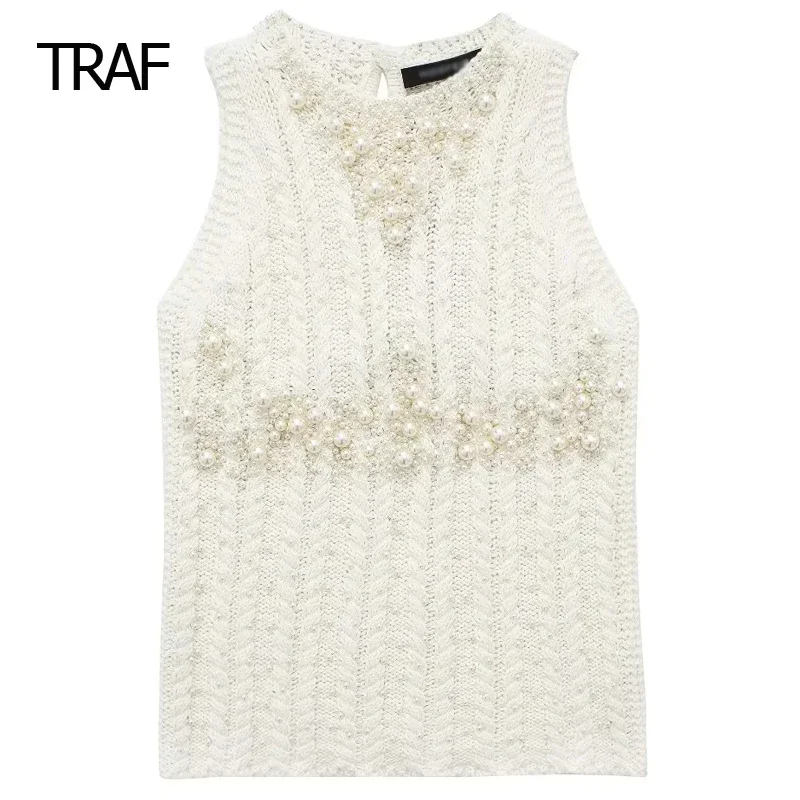 

TRAF O-Neck Sleeveless Top Women Sweaters Spring Summer 2024 Knit Rhinestones Vests New In Pullovers Women's Fashion Sweaters