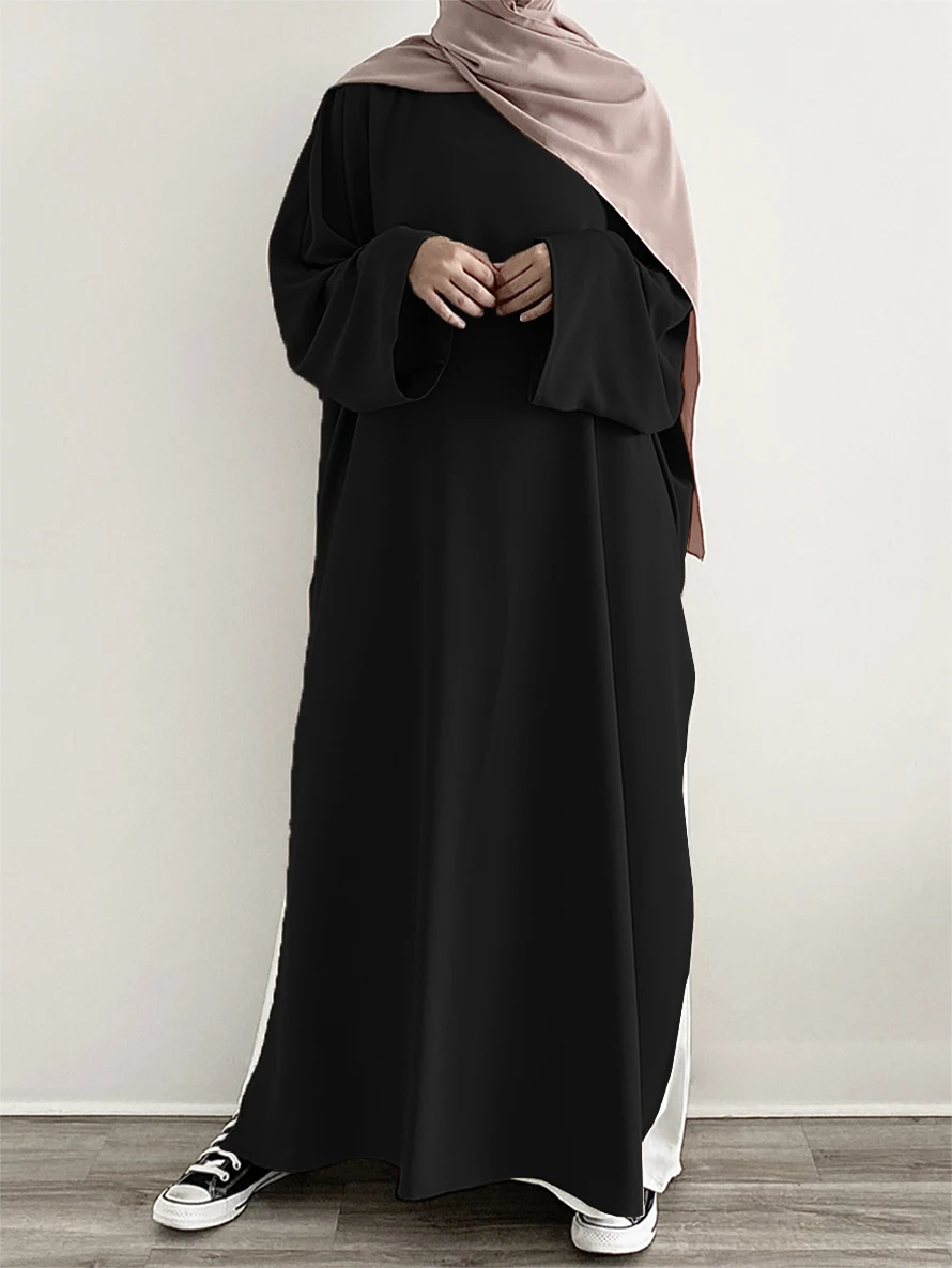 Ramadan Solid Split Crew Neck Abaya, Elegant Long Sleeve Kebaya, Maxi Length Dress Kaftan, Islam Women's Clothing(Single piece)