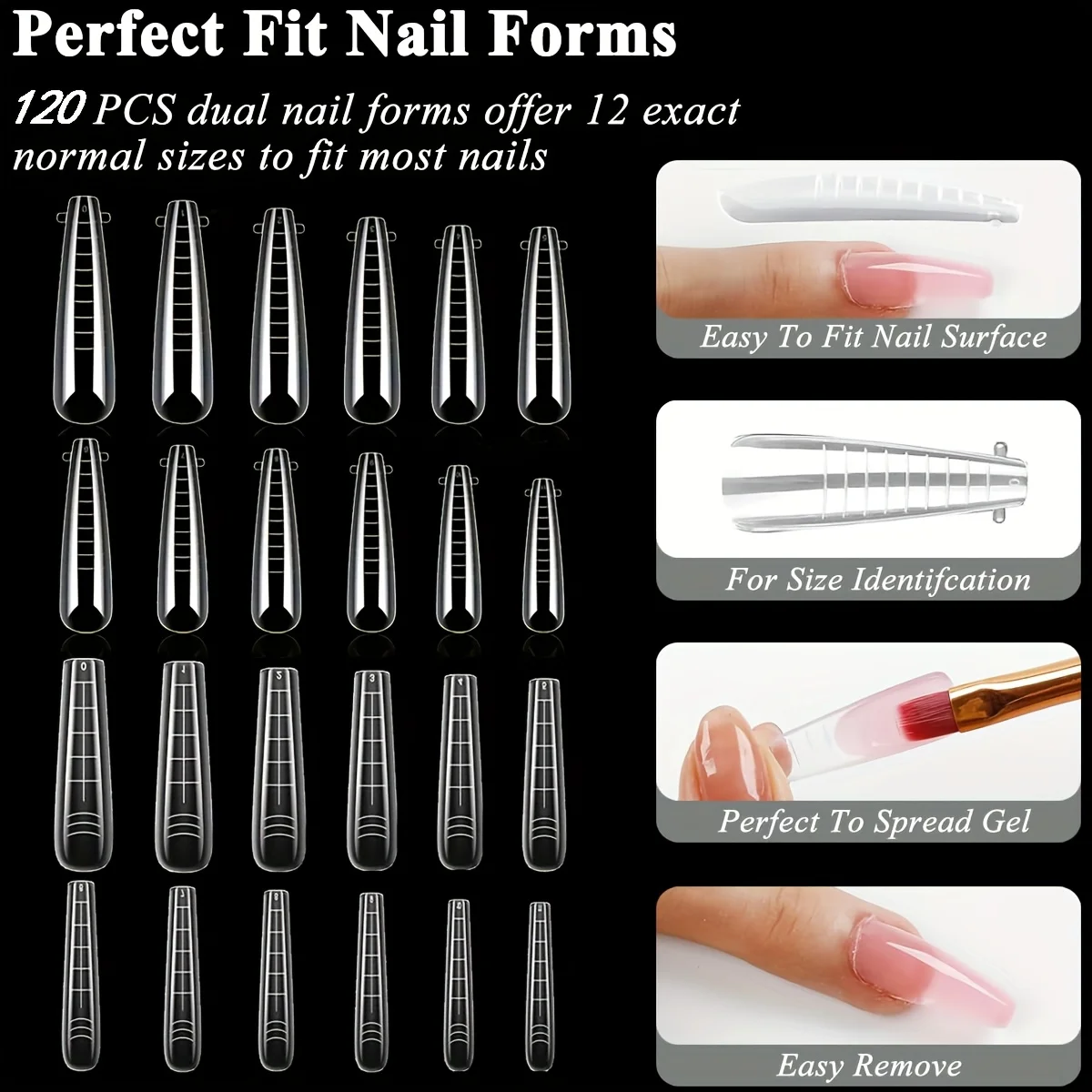 네일 연장용 듀얼 폼 120개, 빌더용 2가지 스타일 12가지 사이즈 듀얼 폼, 매니큐어 아트 디자인용 투명 젤 네일 팁 폼