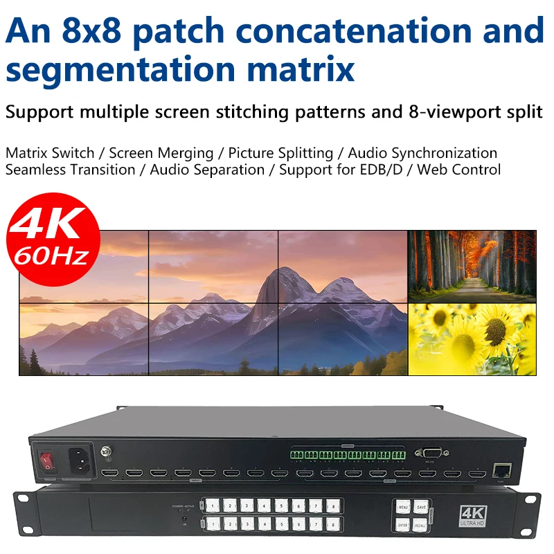 4K60hz HD Matrix Switch 8 in 8 out Splitter multi video screen processor splicer HDCP Blu-ray 3D WEB/Panel/Remote Control