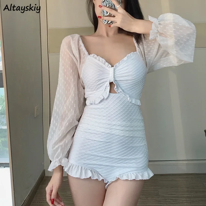 

Hotsweet Cover-ups Women Long Sleeve Gauze Beach Wear Lace Up Simple Casual Elegant Ulzzang Female Popular Breathable Vacation