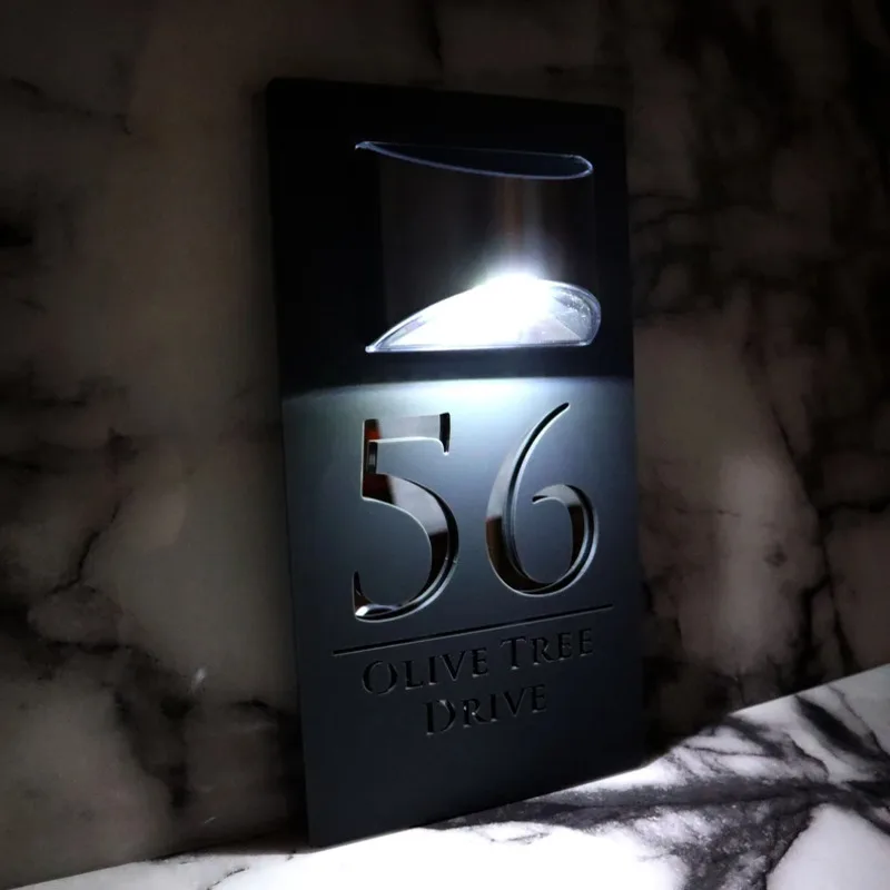 Personalised Solar Illuminated House Door Sign Plaque LED Lit Numbers House Wall Plaques Contemporary Marble Property Number Plate