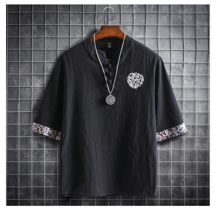 Summer Chinese Style Hanfu Men Short Sleeve Cotton T-shirt Kung Fu Tai Chi Tee Zen Tea Art Qipao Blouse