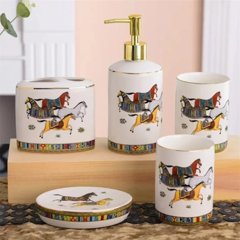 Bathroom Accessories 5 Pcs Set Ceramic Soap Dispenser & Dish Toothbrush Holder Rack Gargle Cup Horse Finish Luxury Wedding Gifts