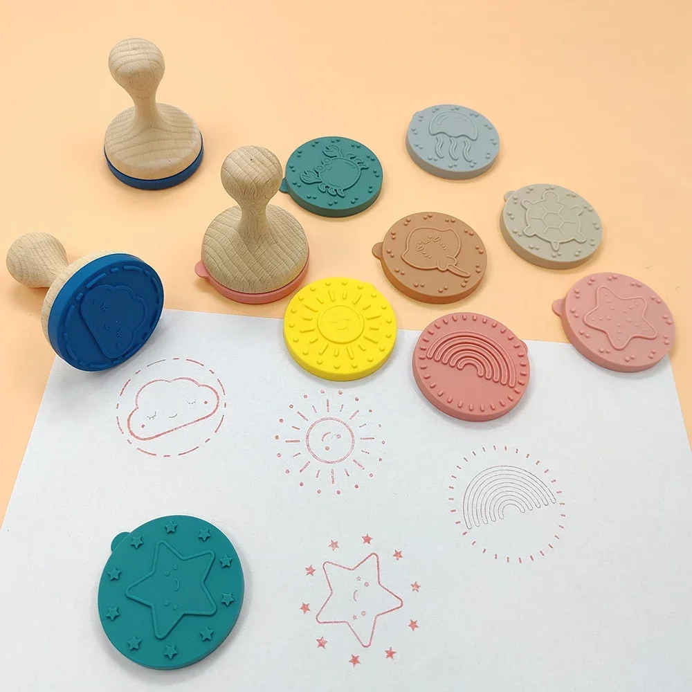 Children's Toy Environmental Cartoon Handle Round Wooden Silicone Stamp For Kids