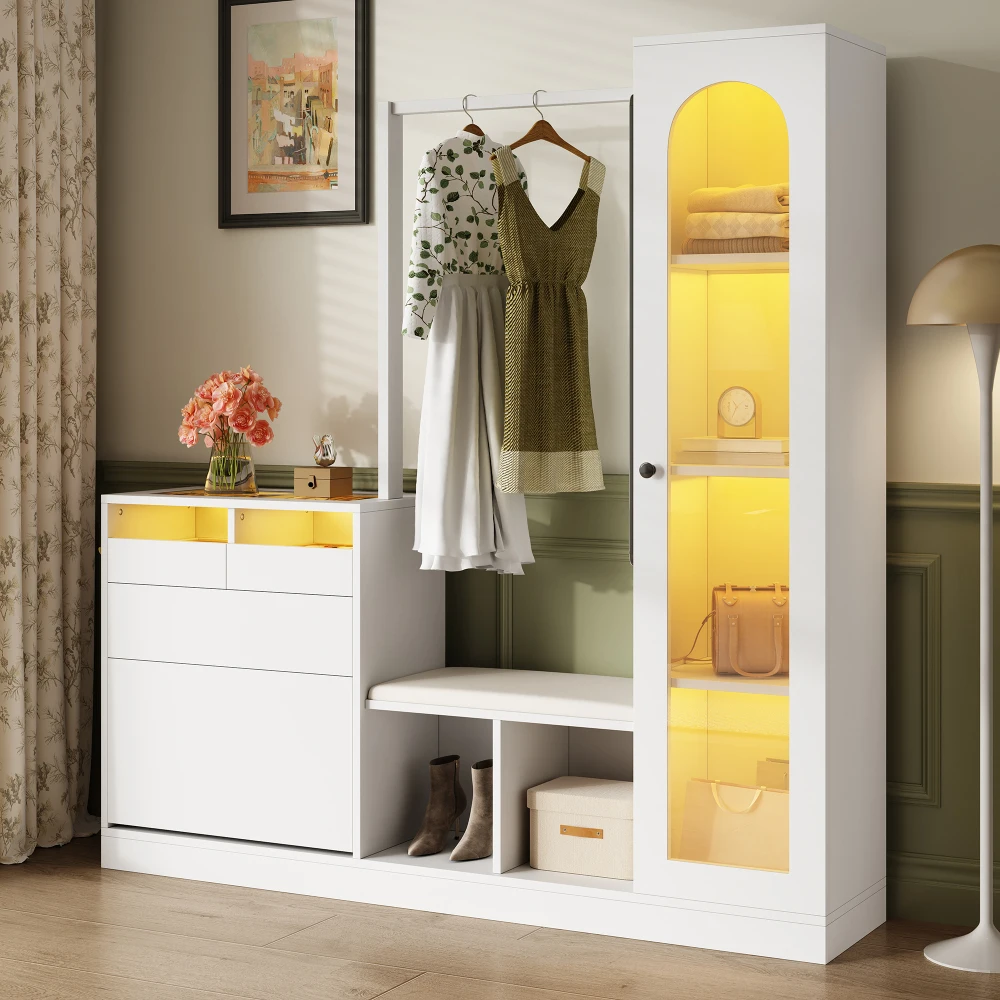 6-in-1-Multifunktions-Kleiderschrank-Set – Friseurtisch, Schuhbank, Klappschrank und Glasvitrine mit LED, praktischer Aufbewahrung zu Hause – Detail 14