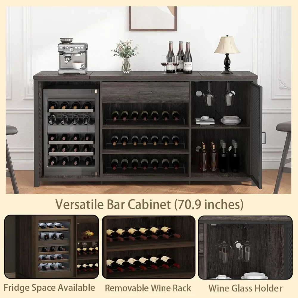 Long Bar Cabinet with Fridge Space, Farmhouse Big Liquor Cabinet with Drawer Storage, Rustic Wood Metal Large Wine