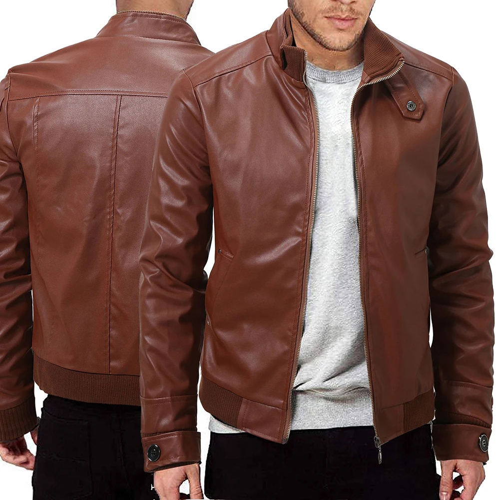 

Vintage Men Clothes PU Leather Jackets Motorcycle Slim Fit Zip Up Stand Collar Men Leather Coats Overcoat Tops