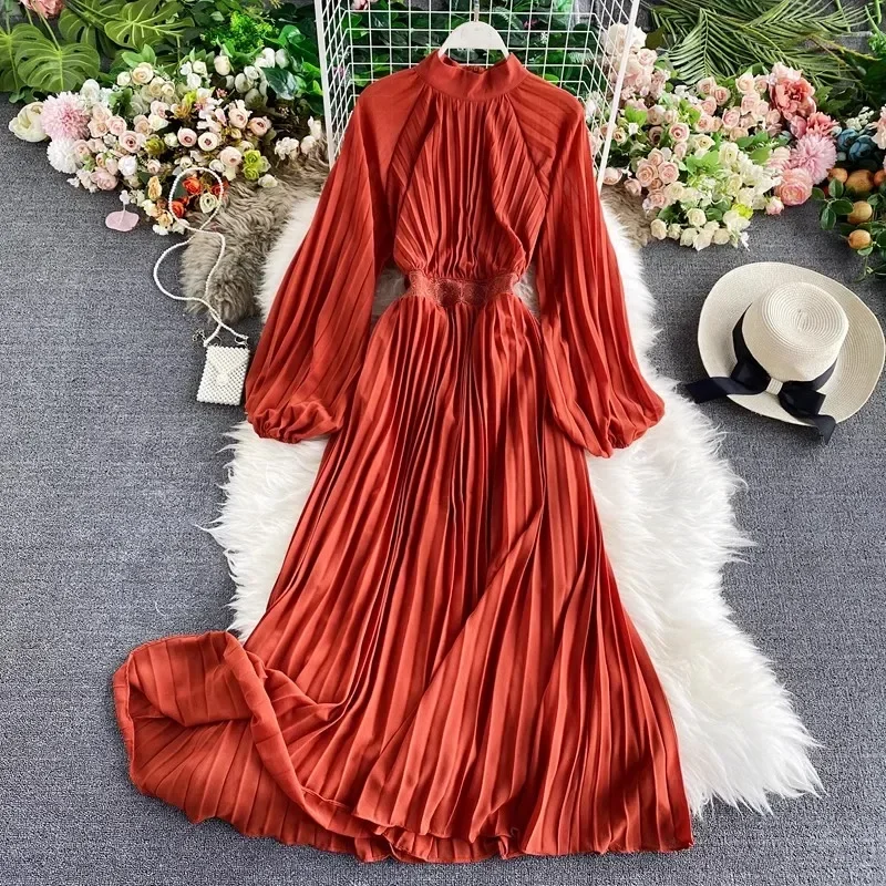 

Elegant and Chic Pleated Autumn Women Fashion Party Dresses Long Sleeve Vintage A-Line Solid Prom Birthday Robe Female