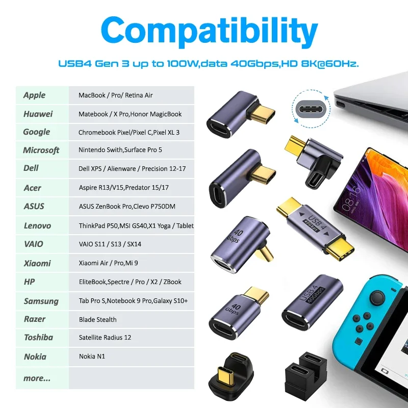 90-Grad-USB-C-Konverter Thunderbolt 4-Typ-C-Adapter, Buchse auf Stecker, rechtwinkliger Ellenbogen, USBC-Kopfhörer, Audio-Daten-Lade-Extender – Detail 10