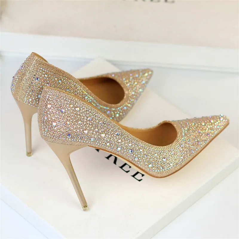 Women Shoes Pointed Toe Pumps Shallow mouth Pointed Rhinestone Colorful diamond 10CM thin High Heels Boat Wedding Dress Office
