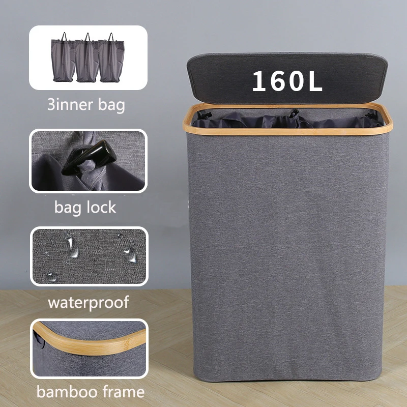 160L Extra Large Laundry Hamper with Lid Foldable Laundry Basket with 3