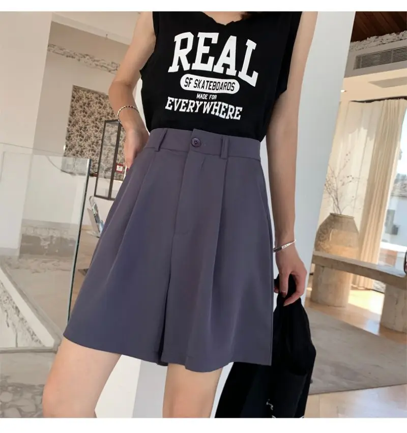 High Waist Straight Solid Blue Color Casual Suit Women's Shorts Clothing 2022 Summer Korean Style Shorts Woman Clothes dolphin shorts