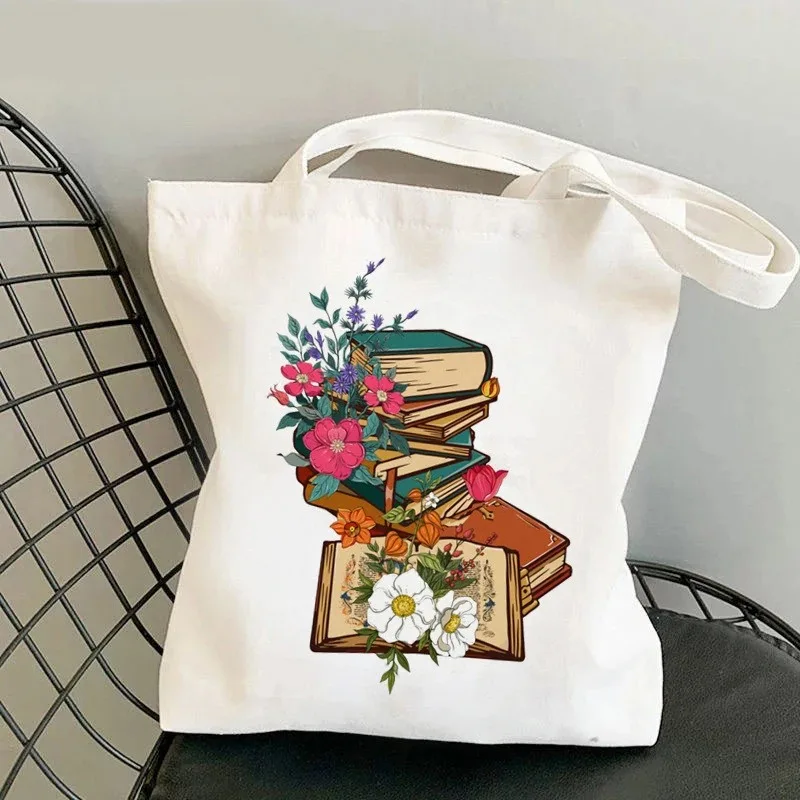 Buchliebhaber-Einkaufstasche aus Segeltuch mit Blumenmuster, niedliche Umhängetasche mit großem Fassungsvermögen für Leselegeisterte, perfekt für die Pendelschule – Detail 6