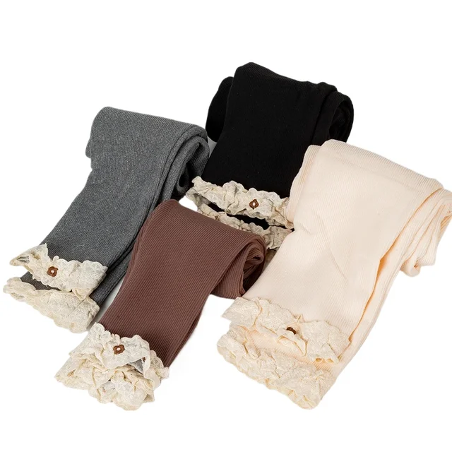Autumn Girls' Tight Pants Kid's Warm Pants Pleated Lace Small Flower Children's Fashionable Solid Color Casual Leggings 1