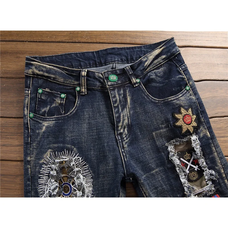 Fashion design 2024new jeans men's retro fashion embroidered patch hole patch washed motorcycle slim fit skinny pants