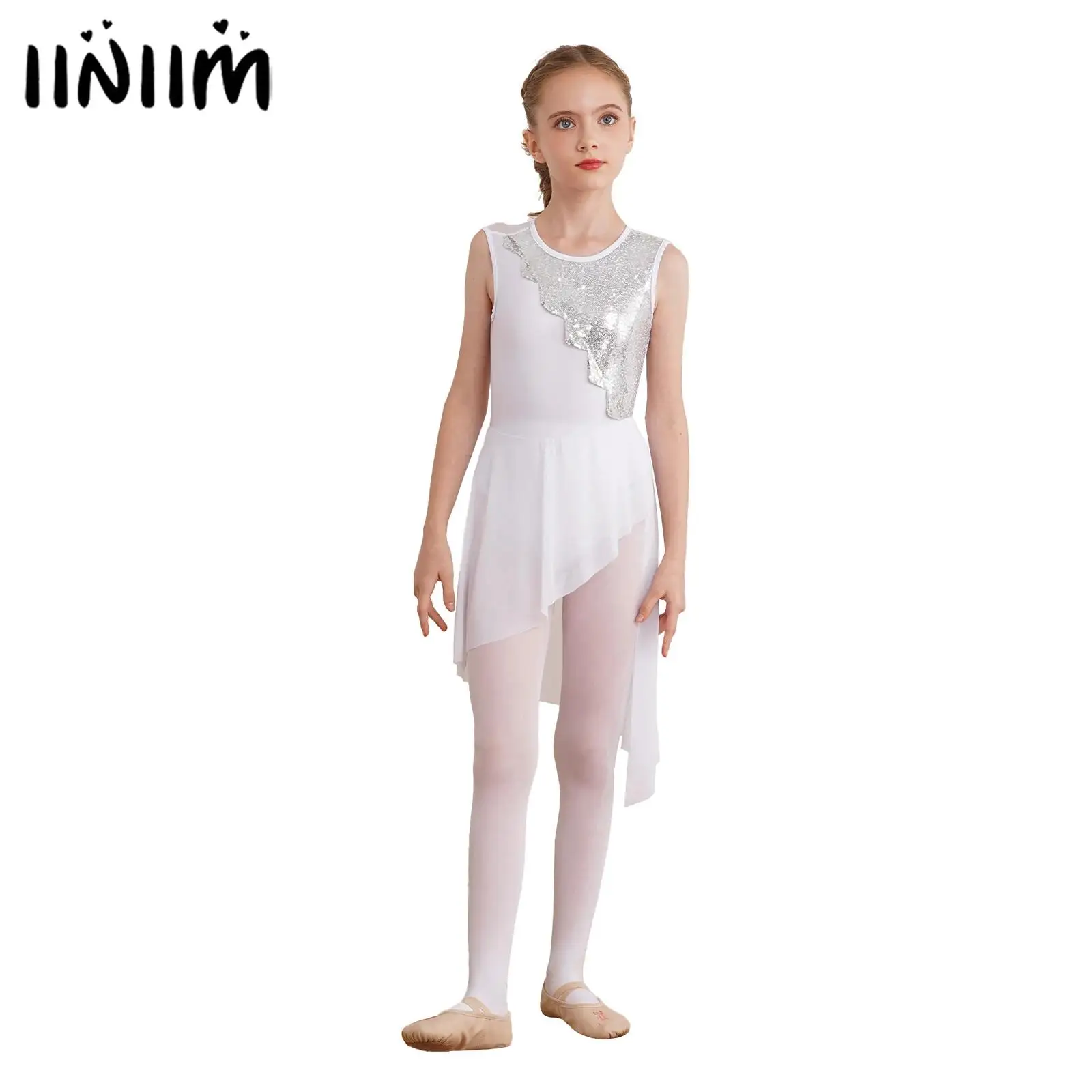 

Kids Girls Gymnastics Leotard Moden Ballet Lyrical Skating Dance Dress Round Neckline Shiny Sequins Irregular Hem Dancewear