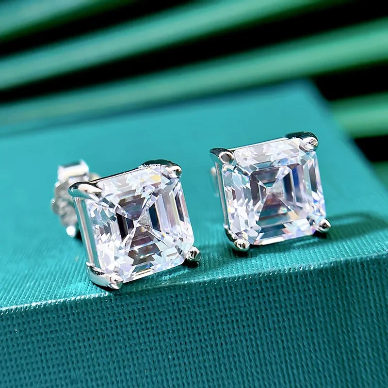 925 Sterling Silver Asscher Cut Created Moissanite Green Gemstone Wedding Simple Ear Studs Earrings Fine Jewelry Gift