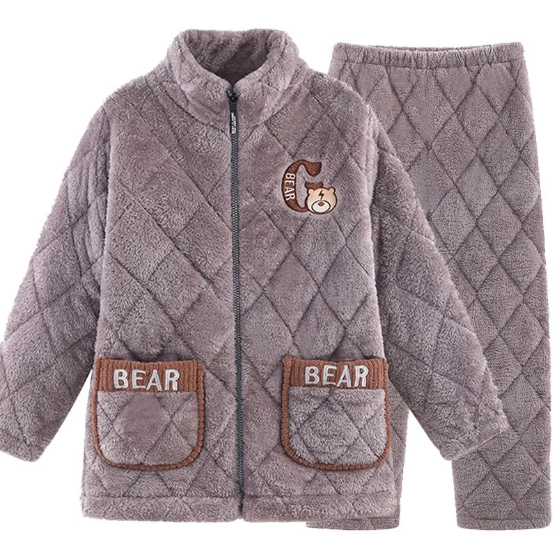 2024 New Pajamas Men's Winter Warmth Young Man Sleepwear Thick Piled Three Layers Cotton Flannel Homewear Zipper Loungewear