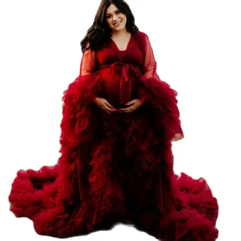 

Newest Illusion Bride Photo Dresses Ruffles Robes for Baby Shower Tulle Custom Made Long Sleeves Women Sexy Bathrobes