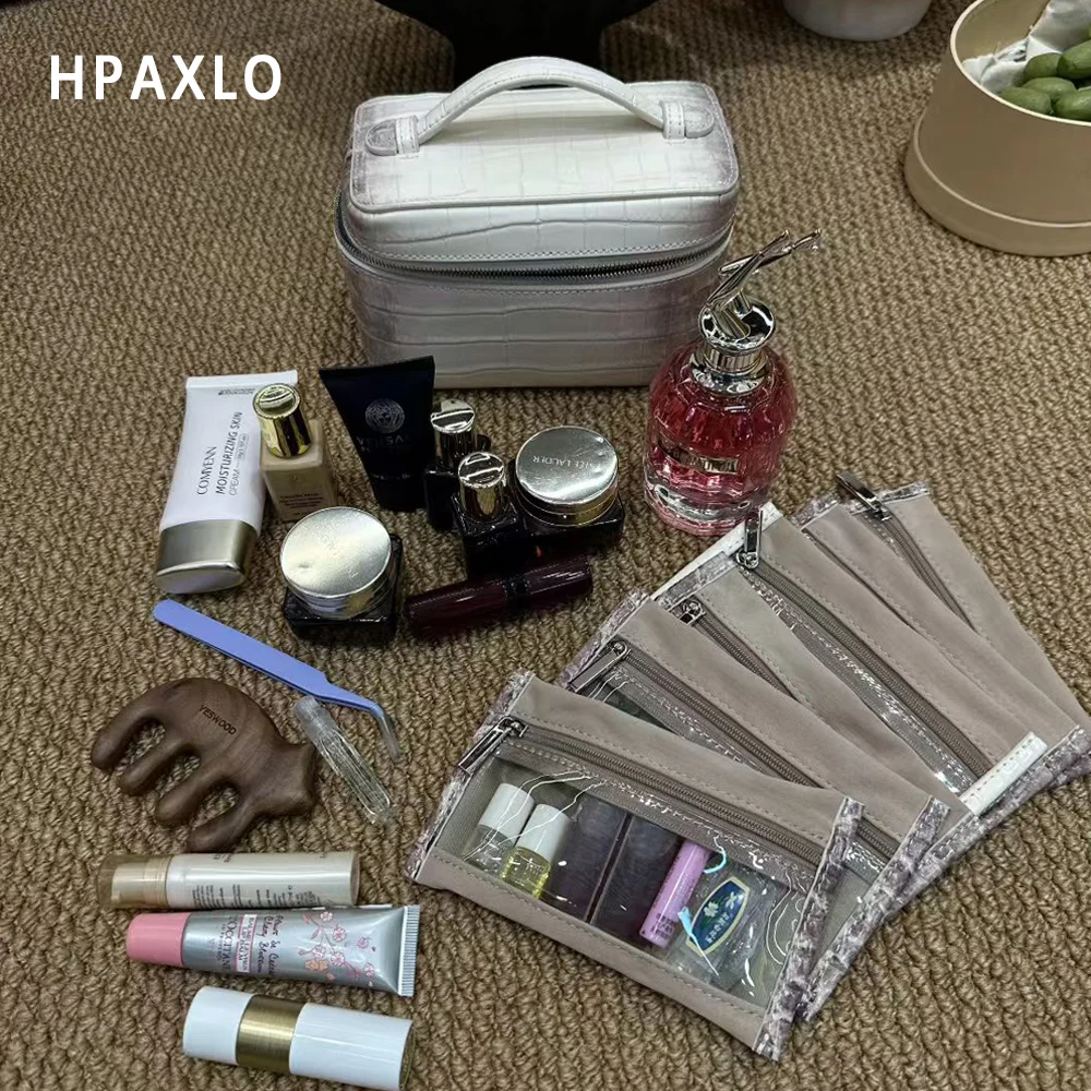New Himalayan Color Makeup Bag Set with First Letter Embossing Genuine Leather Crocodile Texture Cosmetic Storage Case Make Up 4