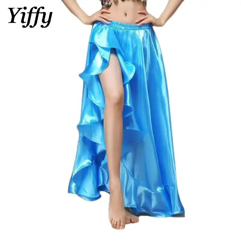 

Fashion Belly Dancing Side Pulling Long Satin Skirt Women Dance Practice Training Suit Oriental Dance Costume Split Long Dress
