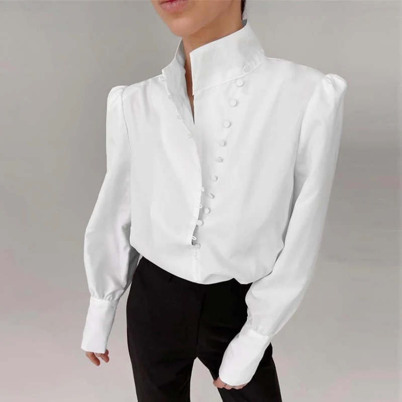 

Solid Color Tops Fashion Button Shirt Spring Autumn 2023 New Women Long Sleeve Blouse Stand Collar Loose Clothes Blusas 29078