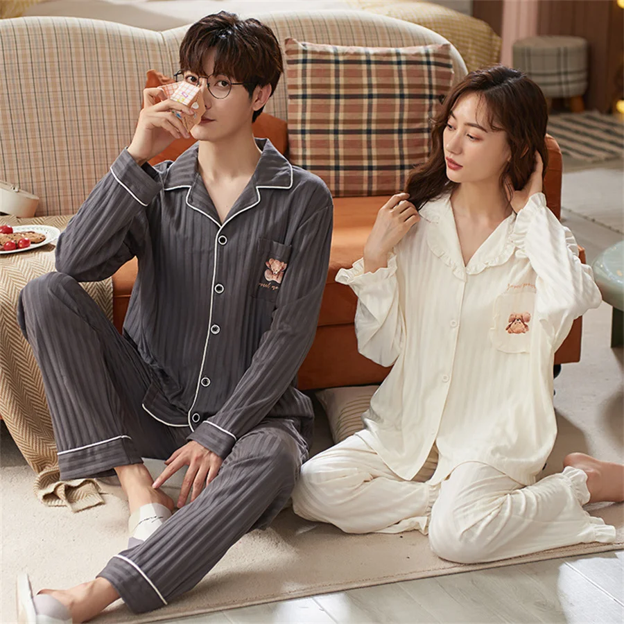 Autumn Winter Couple Pajamas Set Men Long Sleeve Tops and Pants Home Clothes Women Casual Sleepwear 2 Piece Loungewear