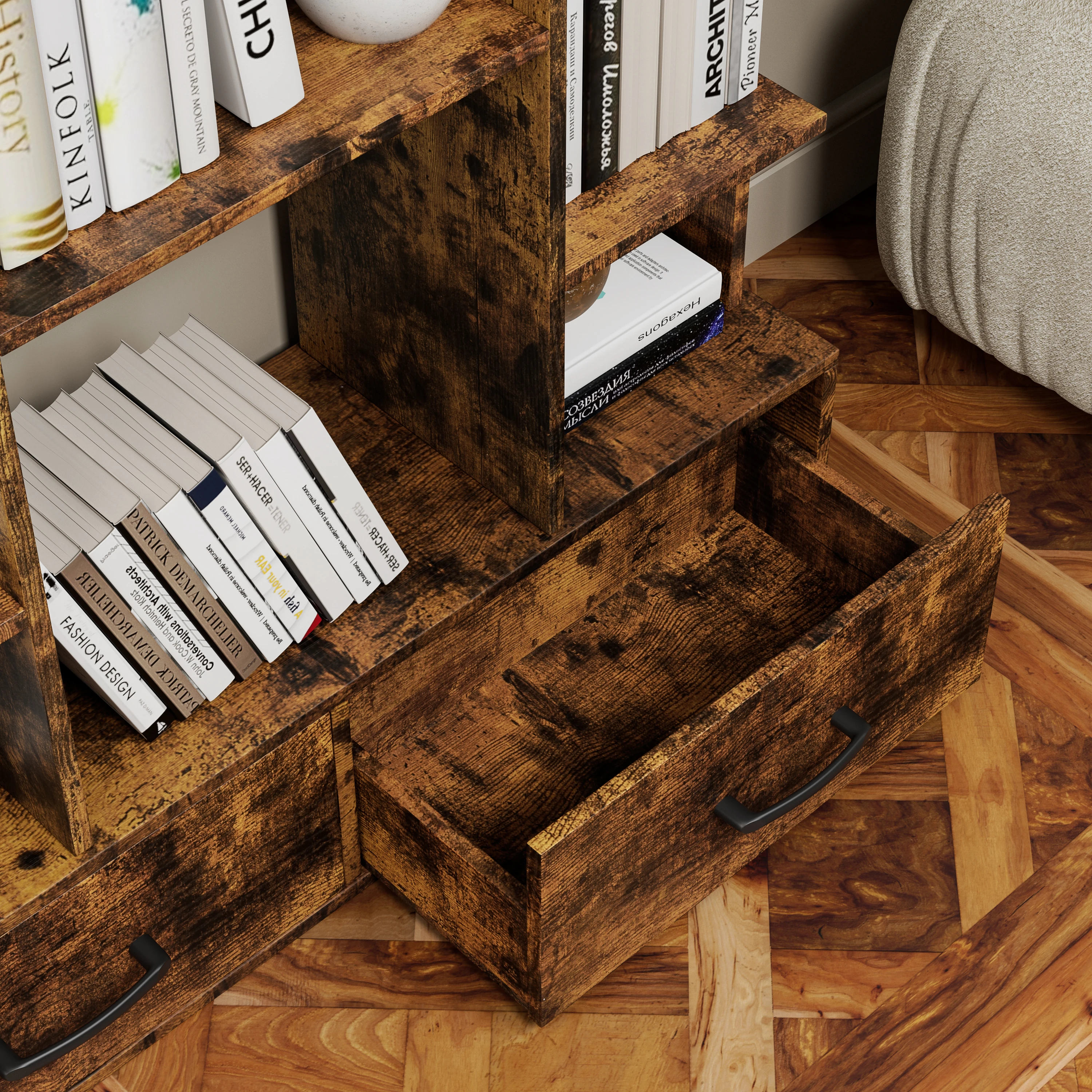 Bookshelf with 2 Drawers,Industrial Freestanding Open Display Shelving,Vintage Open Bookcase,Book Case for Bedroom, Living Room