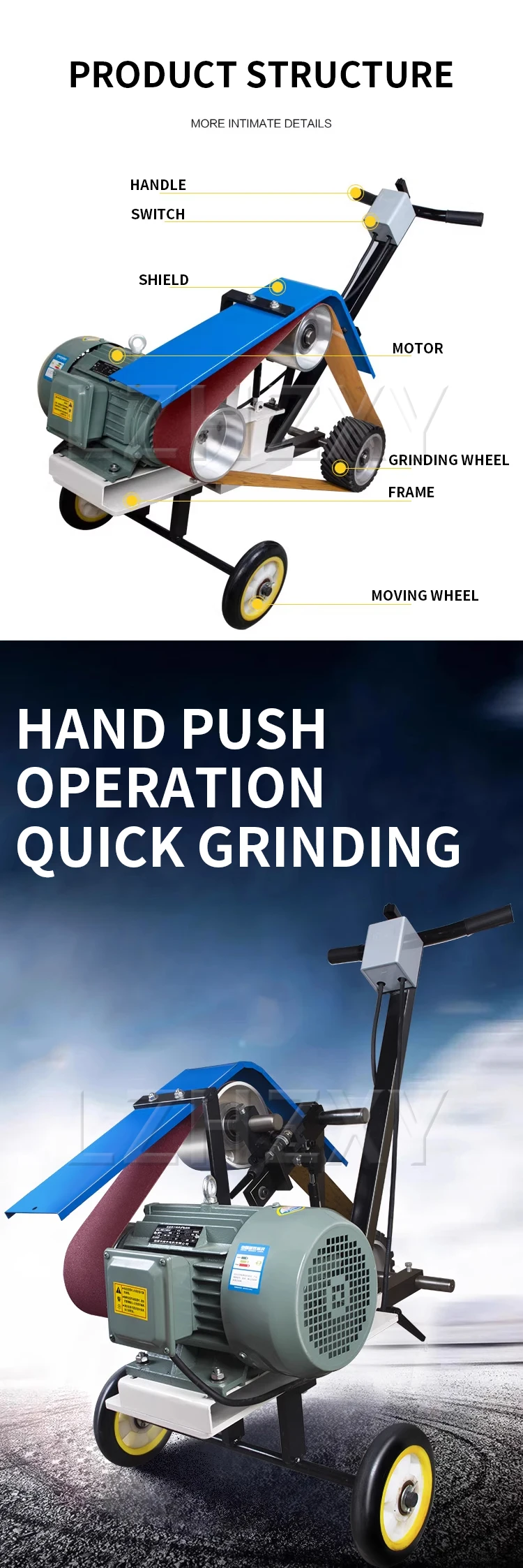 Hand-pushed belt sander Steel plate welding grinder Tank body internal polishing