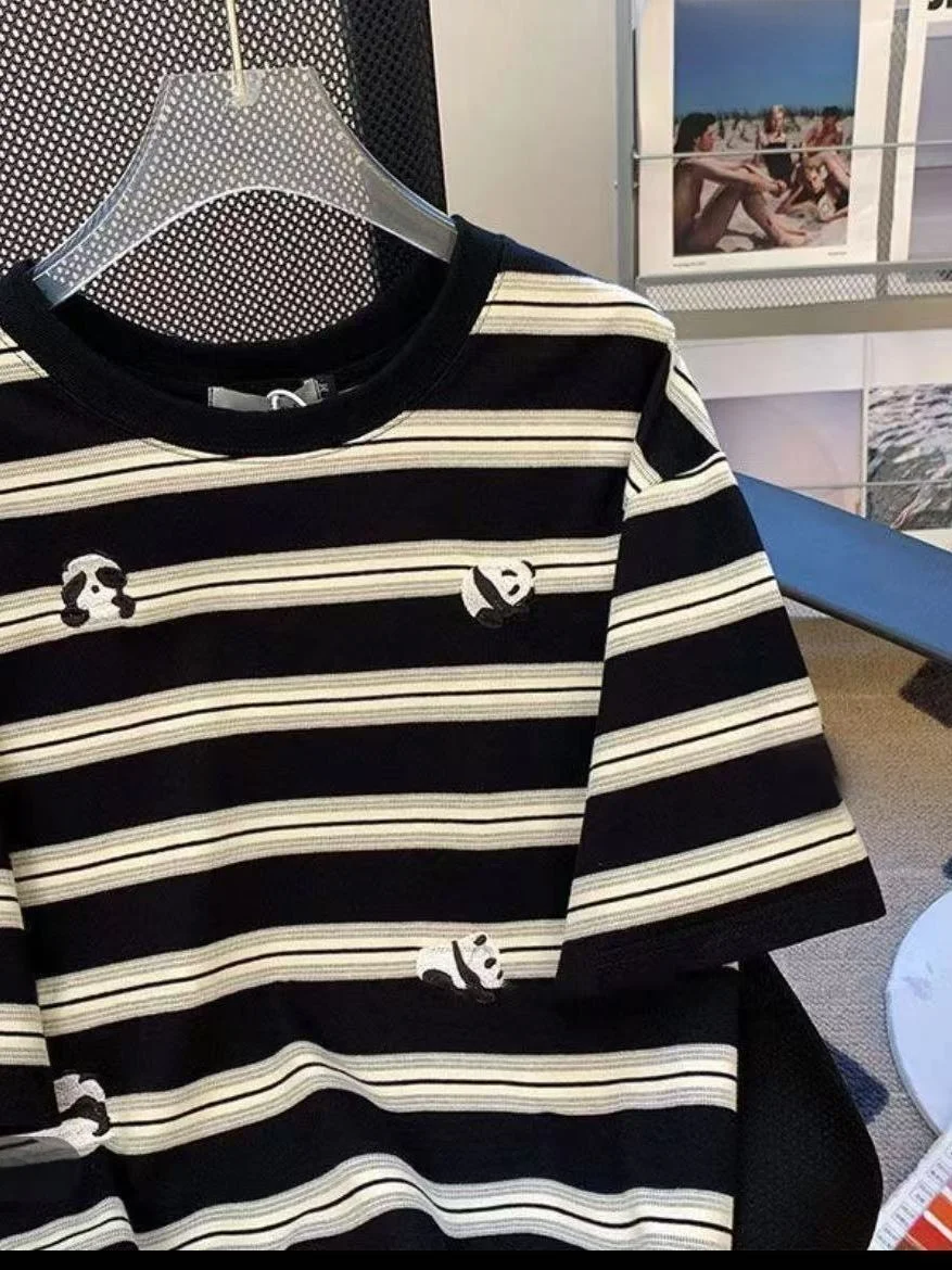 Retro Contrast Color Bla White Striped Panda Embroidery ort Sve T-irt ex Summer New Faion Top Ins Sle round ...