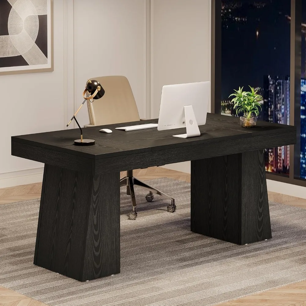 55 Inches Executive Desk, Mid-Century Modern Home Office Desk with Double Trapezoid Base, Wood Computer Desk Business Workstati 3