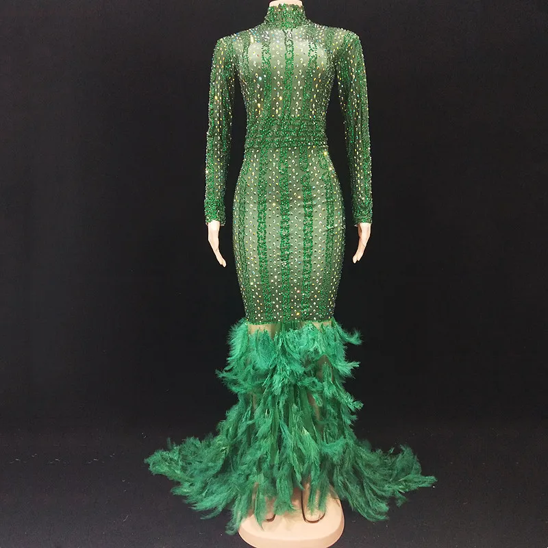 

Sparkly Green Rhinestones Feather Trailing Long Dress Women Singer Concert Stage Catwalk Floor Length Gown Birthday Prom Costume