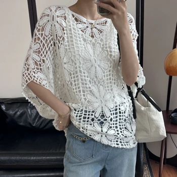 Daisy Crochet Lace Top Batwing Sleeve Hollow-out Floral Openwork Knit Blouse Women Beach Cover-up Spring Summer 2026 Boho