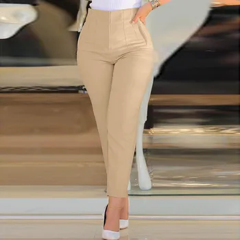 Slim Fit Women Formal Pants High Waist Cropped Trouser Workwear Solid Casual Pocket Elastic Waist Business Pant Womens 2