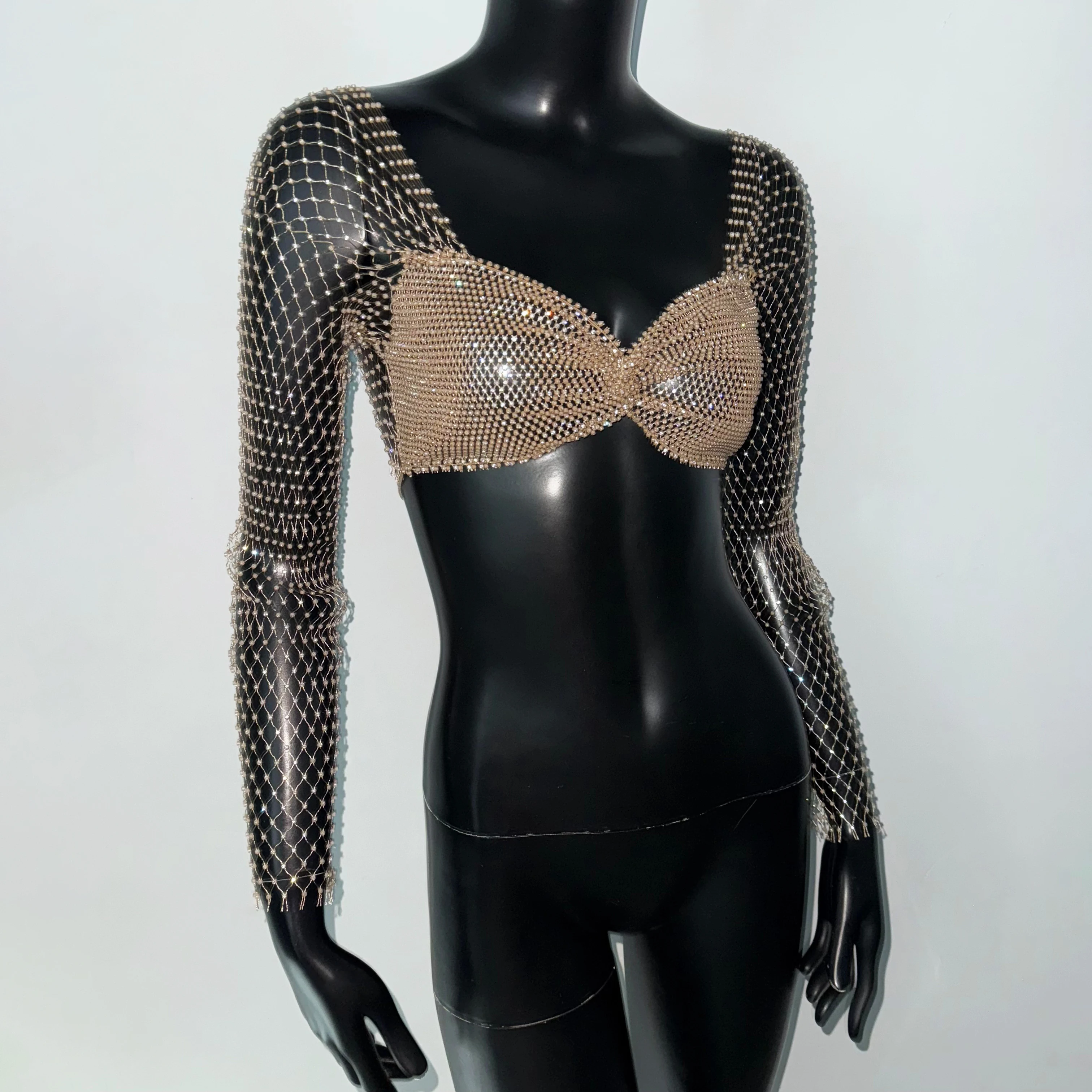 Elegant Rhinestone Mesh Long Sleeve Crop Top For Women Sexy Transparent Hollow Fishnet V Neck T Shirt Rave Beach Party Camisole