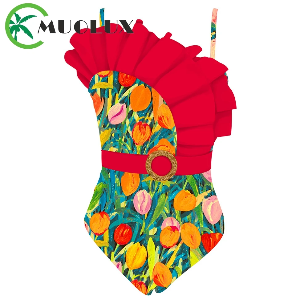 

MUOLUX 2023 Sexy Women 3D Flower One Piece Swimwear Retro Monokini Ruffle Swimsuit Print Floral Slimming Bathing Suit Beachwear
