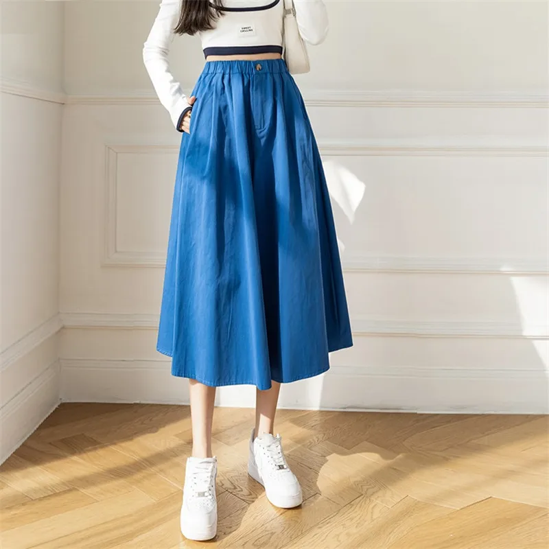 

Spring Autumn Elastic Waist Long Cotton Skirt Women Midi Long A-Line Casual Female Skirts Big Swing Japan Style One Button I452