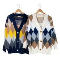 Plaid Chic Cardigans Button Puff Sleeve Checkered Oversized Women's Sweaters Winter Spring Sweater Tops