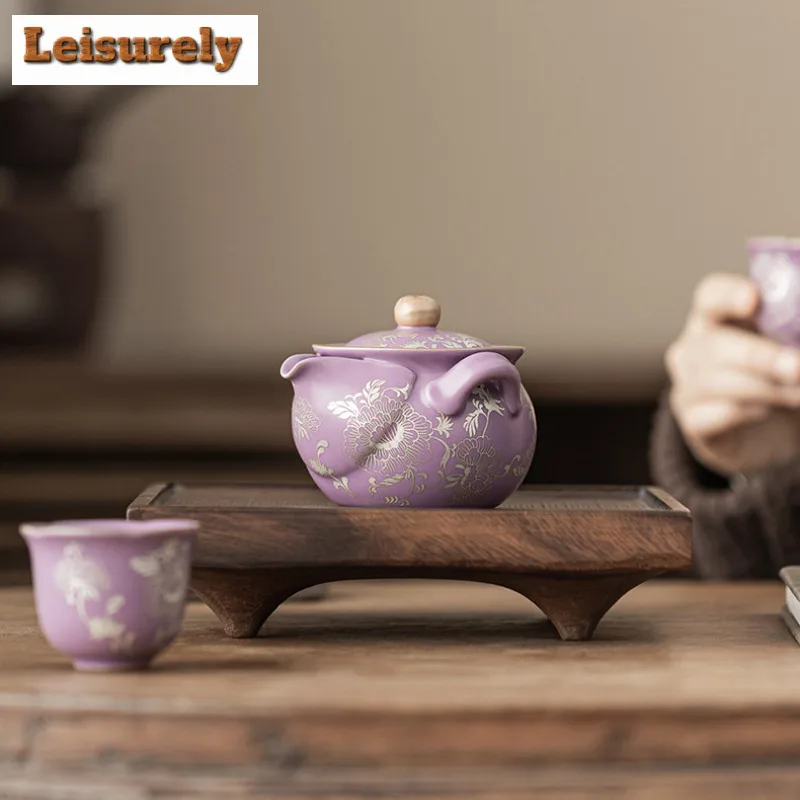 165ml Purple Ru Porcelain Gilded Silver Peony Teapot Elegant Tea Infuser Pot Tea Maker Kettle With Filter Cha Drinkware Ornament