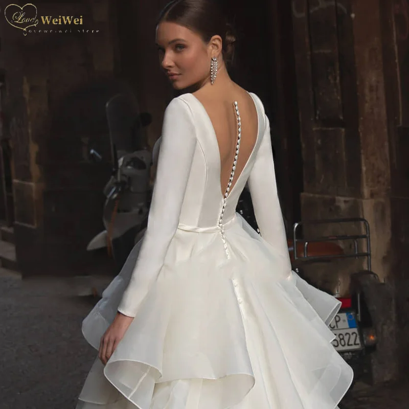 Romantic V-Neck Wedding Dress Princess Long Sleeves Sweep Train Back Button Multi-Layered Ruffles Bridal Gown Vestidos De Novia