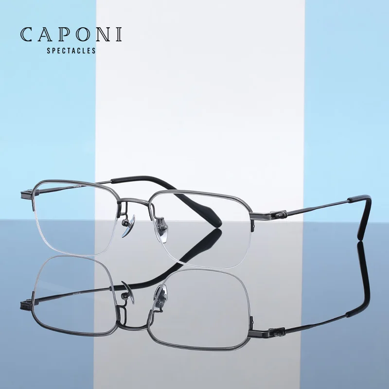 

CAPONI Semi-Rimless Men's Glasses Frame Pure Titanium Acetate Eyeglasses Anti Blue Light UV400 Brand Designer Glasses JF10142