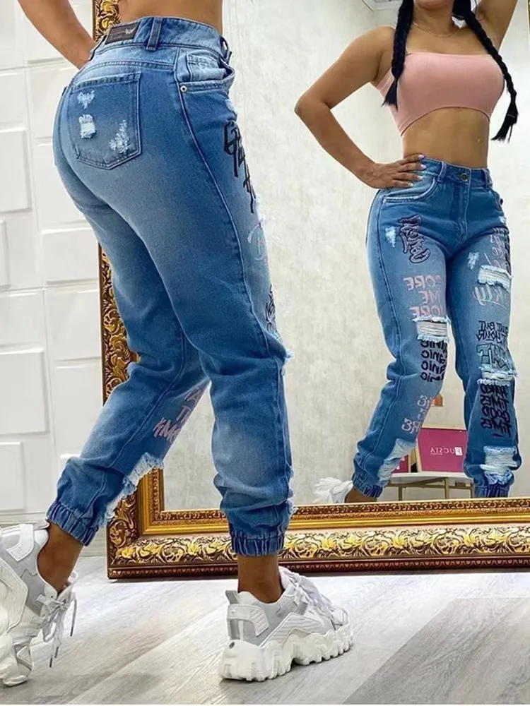 Graffiti Ripped Jeans for Women Fashion Letter Print High Waist Small Leg Pants Female Vintage Blue Denim Trousers Streetwear