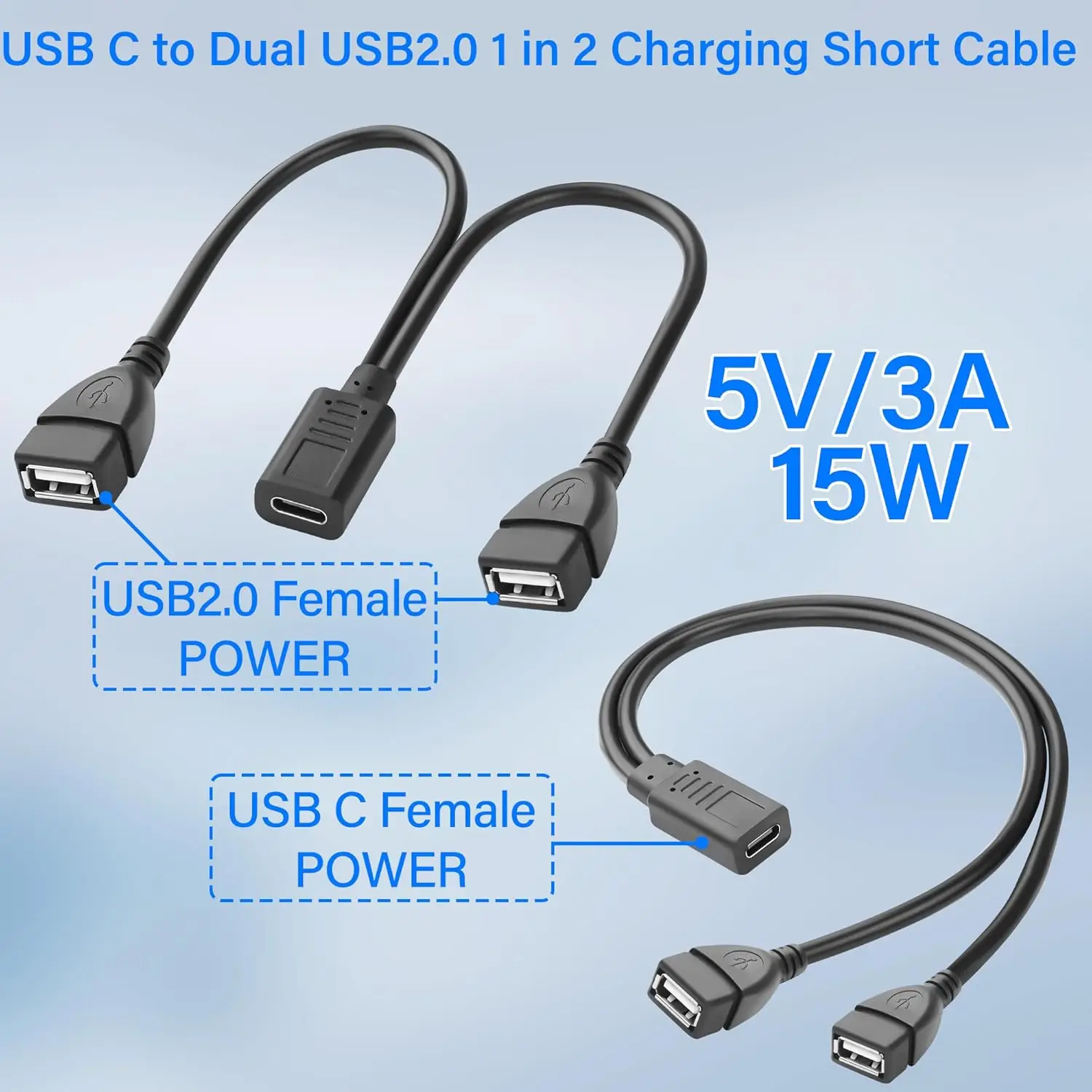 USB C 스플리터 충전 케이블 USB 타입 C 암-듀얼 2 USB 2.0 A 암 스플리터 Y 충전 커넥터 케이블 (충전 전용)