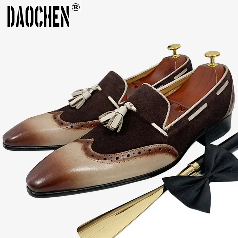 Italian Men Loafers Shoes Black Brown Mixed Color Wingtip Suede Casual Mens Dress Shoes Wedding Office Leather Shoes Men 2
