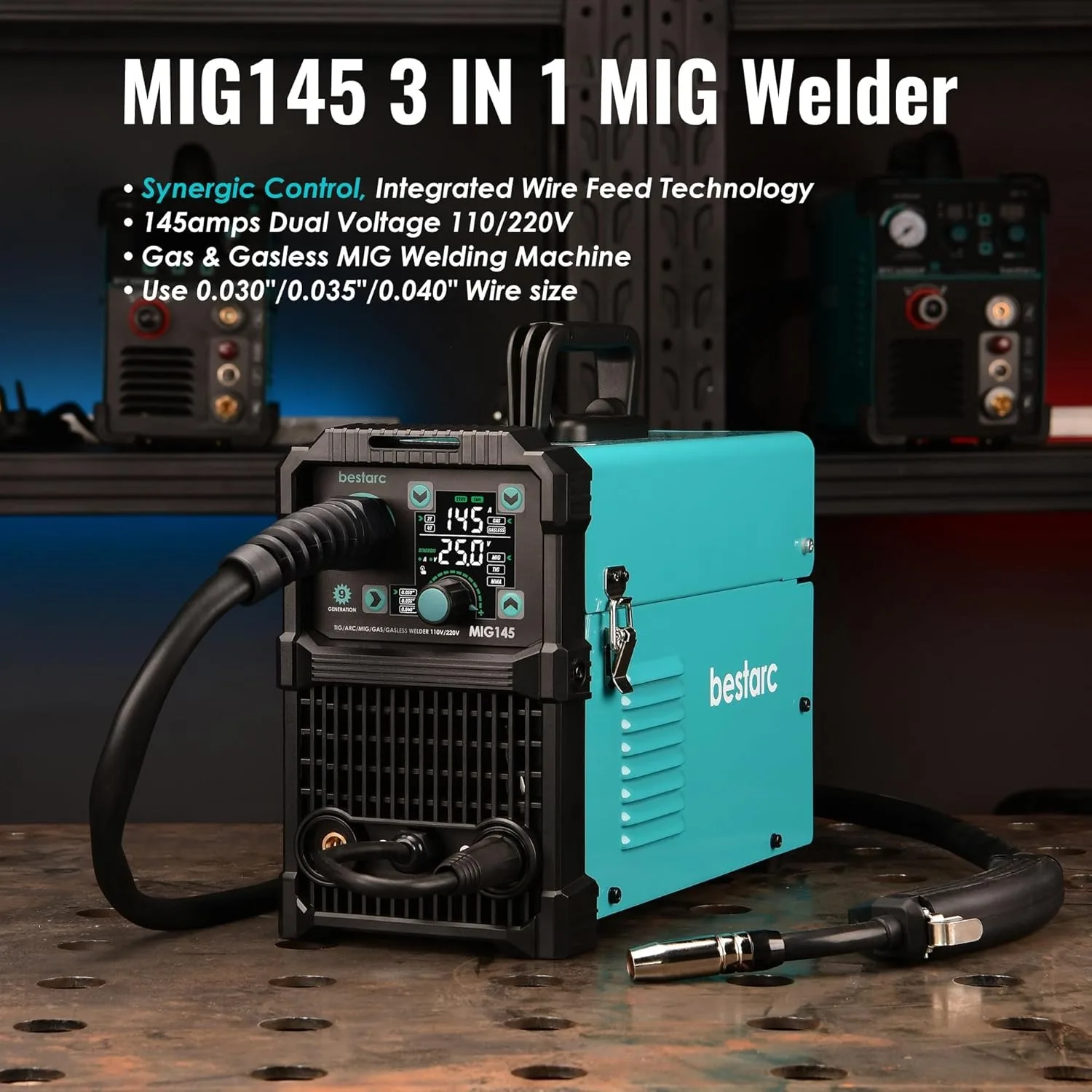 145A MIG Welder 110V/220V Dual Voltage Gas/Gasless Flux Core MIG /Lift TIG/Stick 3 in 1 Synergic MIG145 9GEN Welding Machine 2