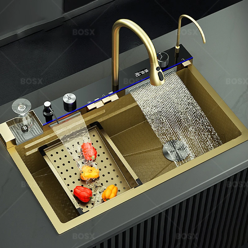 Golden Stainless Steel Kitchen Sink Multifunctional Large Single Basin Waterfall Dispenser Dishwashing Slot Undermount Basin