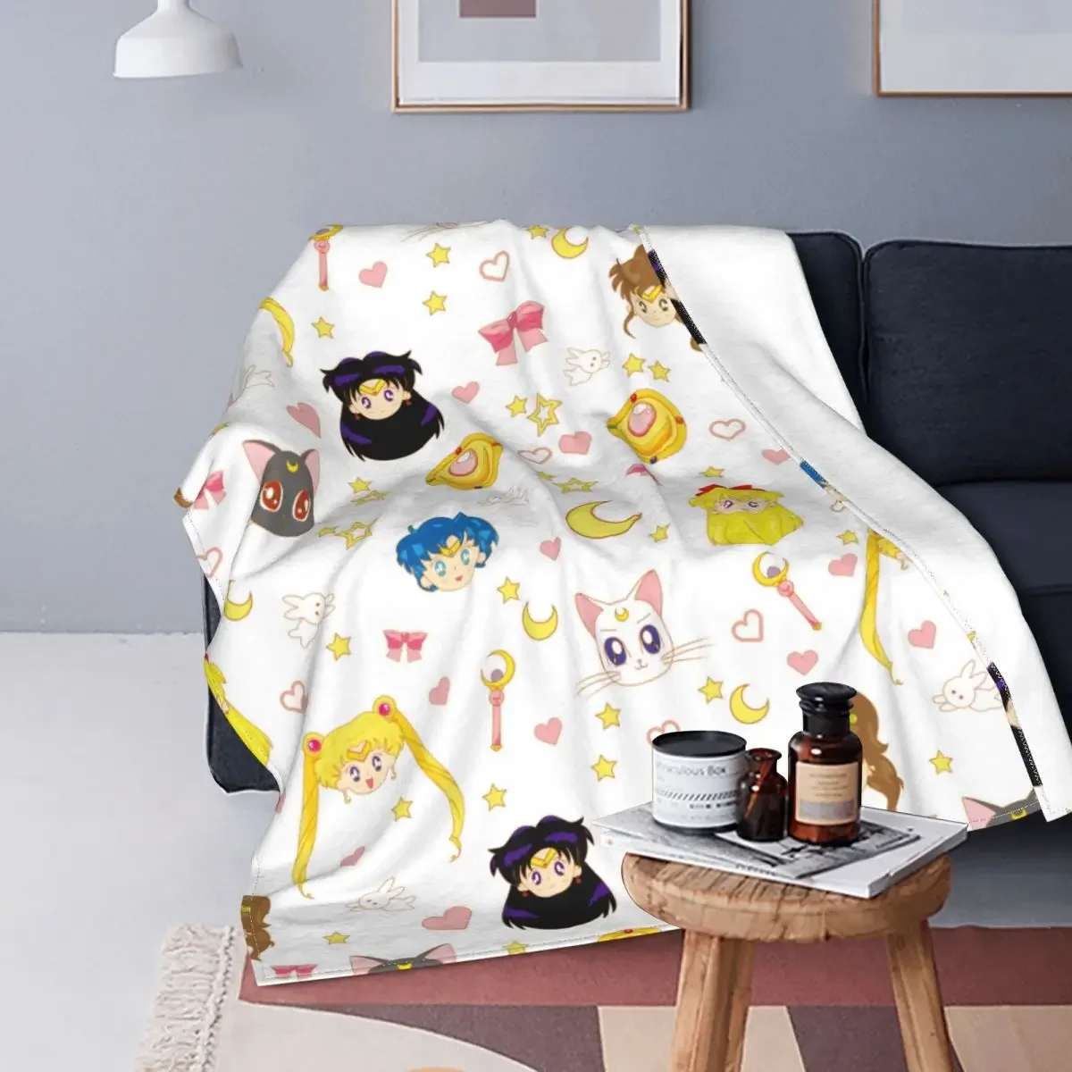

Moon Girl Cats Stars Bunny Rabbit Blankets Fleece Print Portable Warm Throw Blanket for Home Travel Plush Thin Quilt